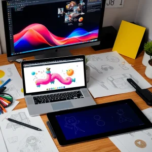 A creative workspace filled with graphic design tools and colorful illustrations.