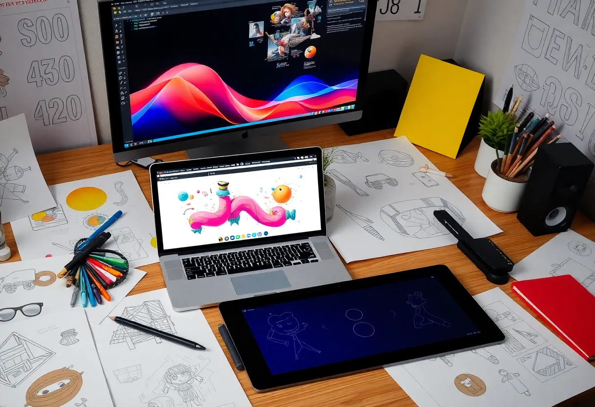 A creative workspace filled with graphic design tools and colorful illustrations.