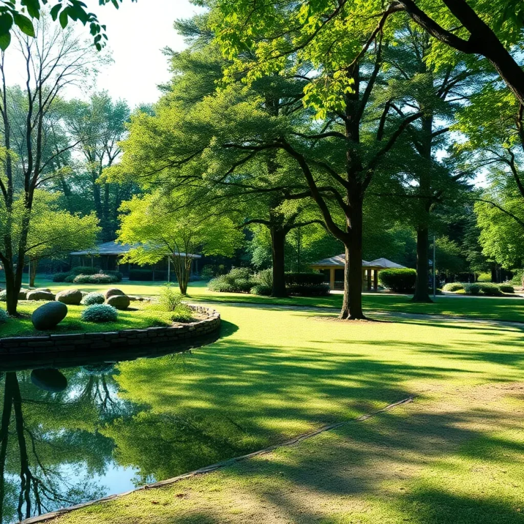 A tranquil view of Howell Nature Center with lush trees and greenery.