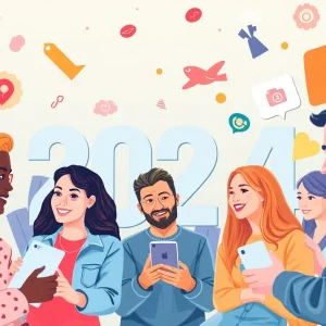 Illustration of influencers collaborating with brands in a digital setting.