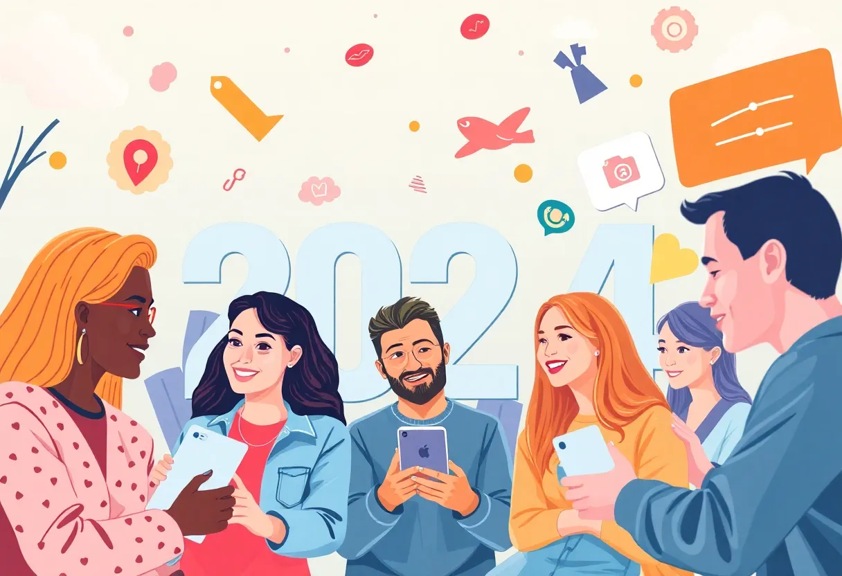 Illustration of influencers collaborating with brands in a digital setting.