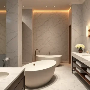 Luxurious bathroom featuring marble countertops and freestanding tub