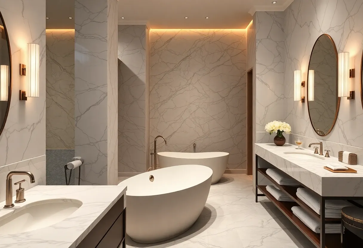 Luxurious bathroom featuring marble countertops and freestanding tub