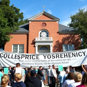 Community rally at Main Street Elementary School advocating for preservation.