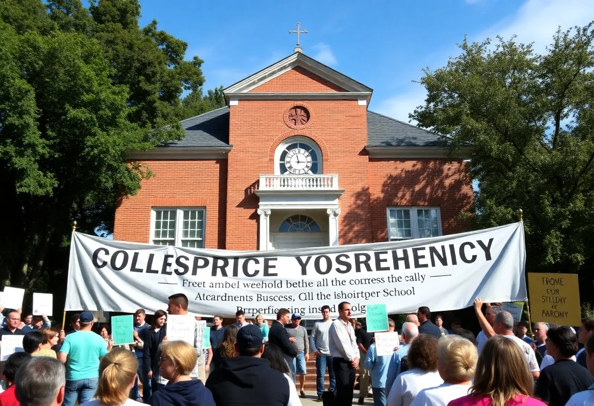 Community rally at Main Street Elementary School advocating for preservation.