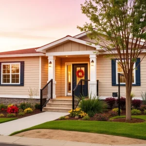 Exterior view of a stunning manufactured home at the Novi Home Show.