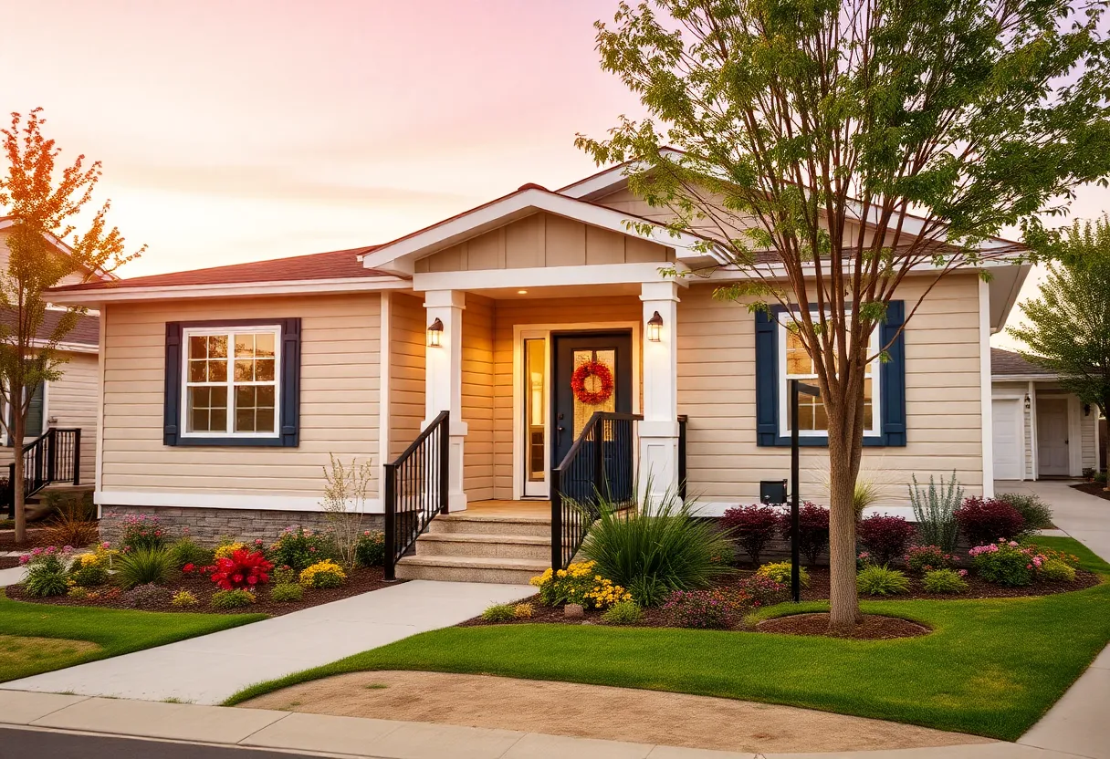 Exterior view of a stunning manufactured home at the Novi Home Show.