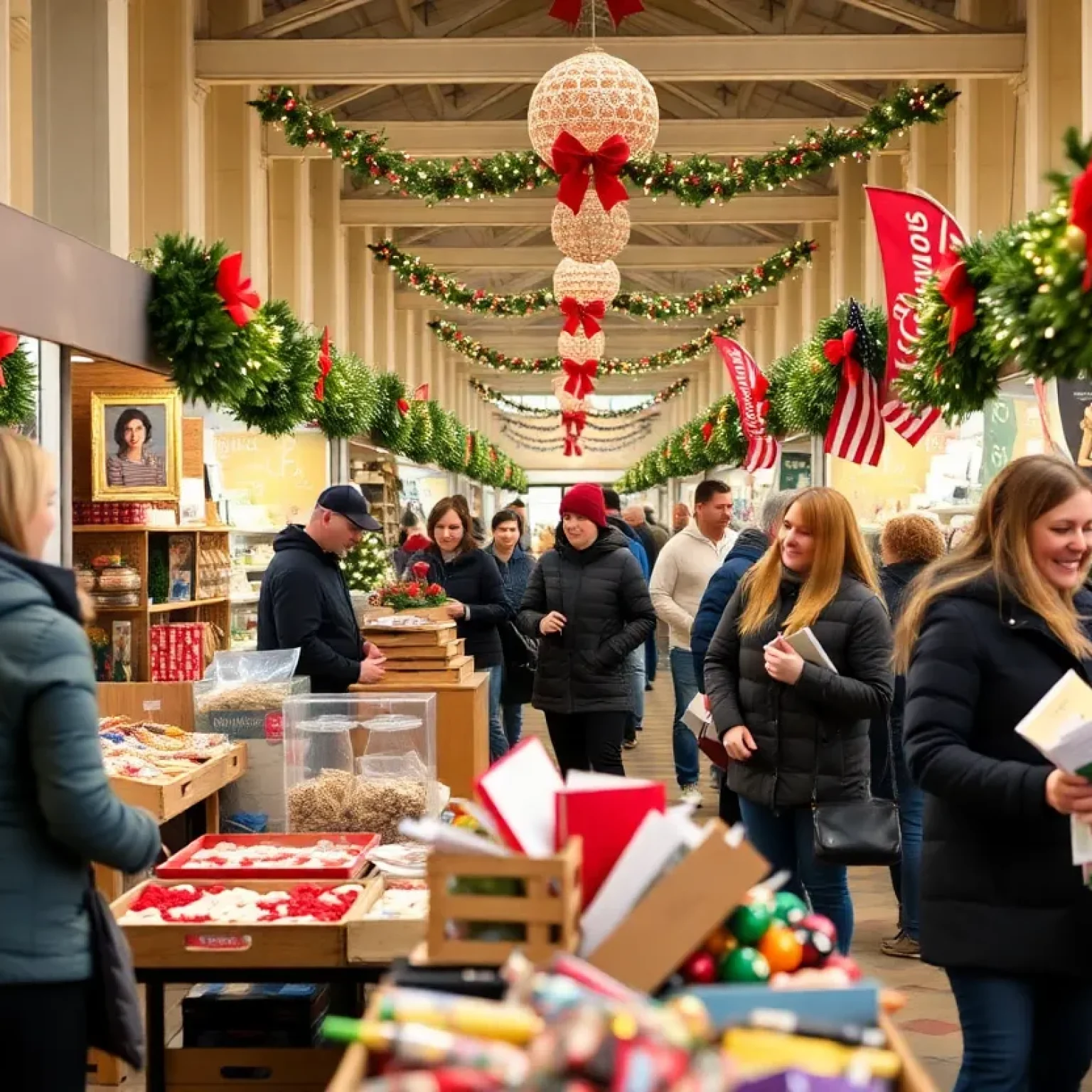 Scene from a Metro Detroit holiday market with stalls and shoppers