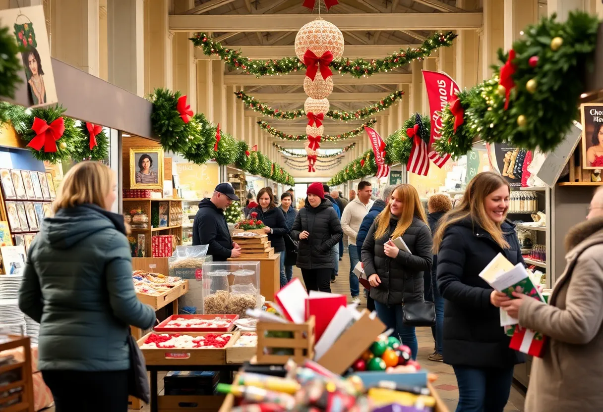 Scene from a Metro Detroit holiday market with stalls and shoppers