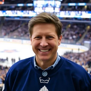 Mike Babcock in a Toronto Maple Leafs jersey at the hockey rink