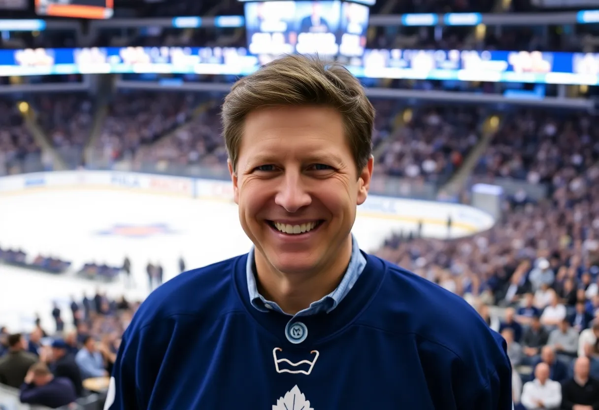 Mike Babcock in a Toronto Maple Leafs jersey at the hockey rink