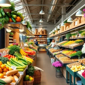 Concept image of the Nino Salvaggio International Marketplace with fresh produce and flowers.