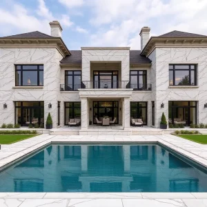 Exterior view of Northville's marble megamansion showcasing its grandeur and luxury.