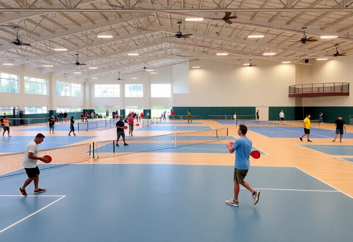 Rendering of the Northville Pickleball Club indoor facility featuring multiple courts.