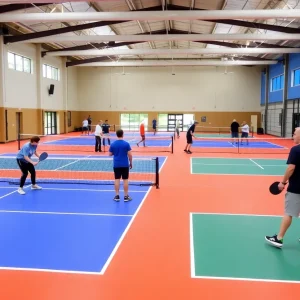 Players enjoying pickleball in the Northville complex