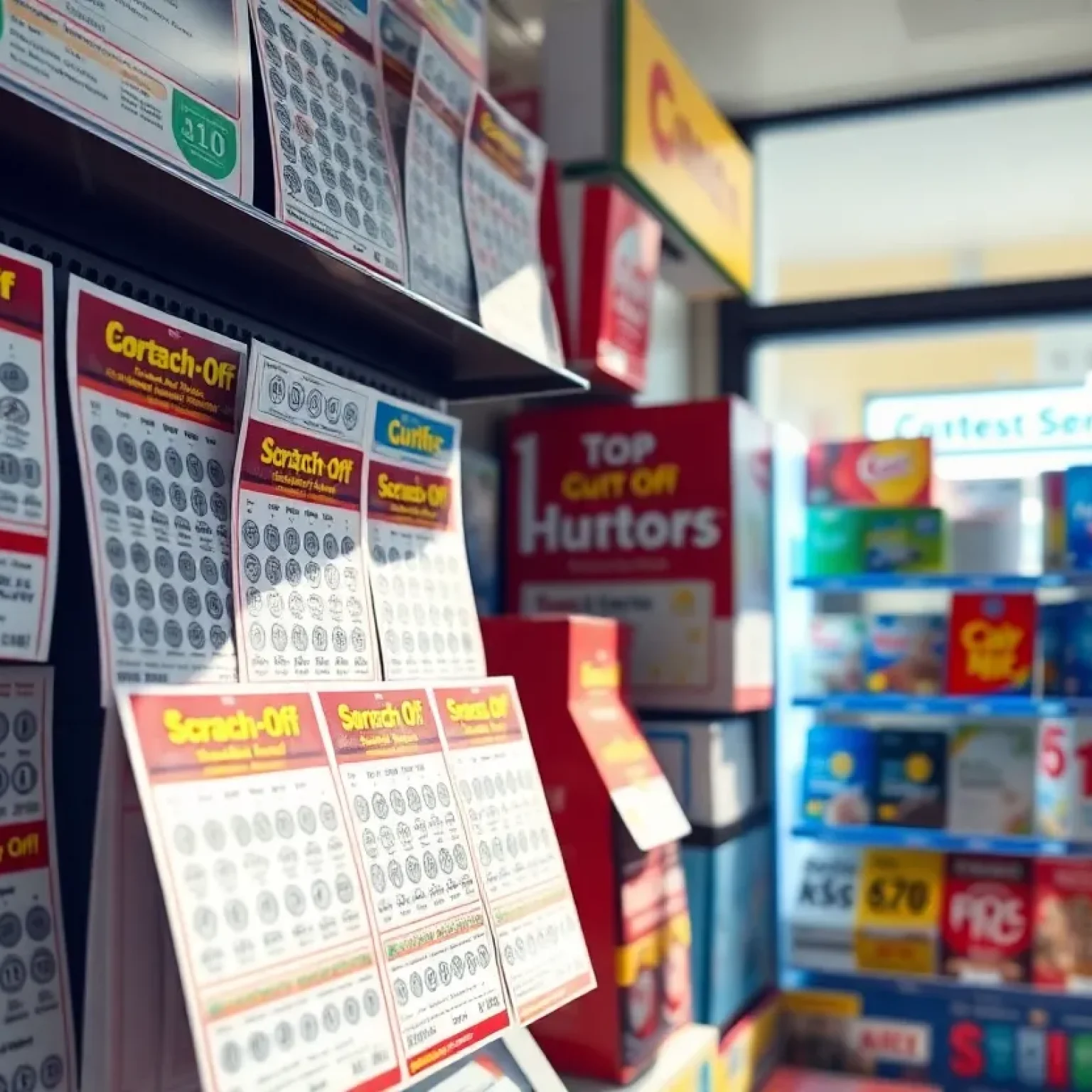 Display of lottery scratch-off tickets at a convenience store