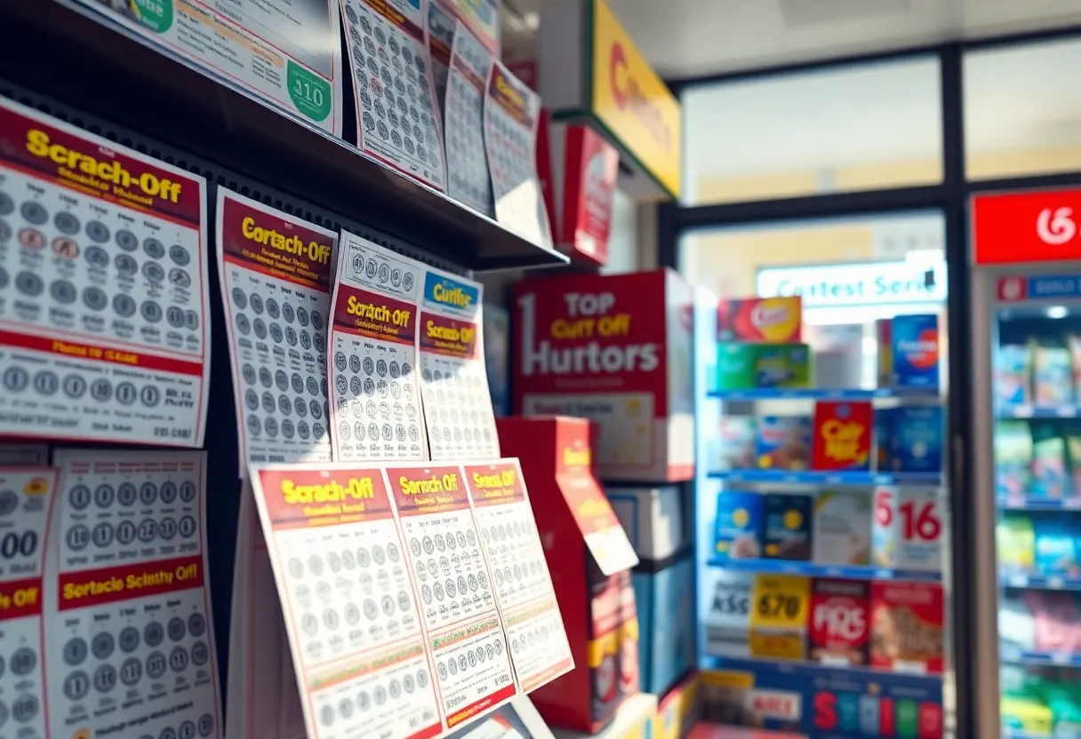 Display of lottery scratch-off tickets at a convenience store