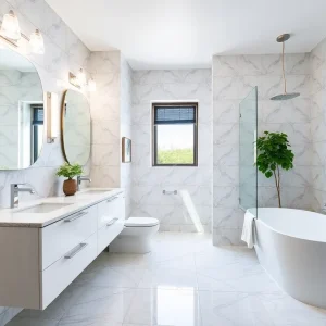 Modern renovated bathroom with stylish fixtures and tile flooring