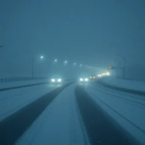 Heavy snowfall on a highway during a snow squall in Southeast Michigan