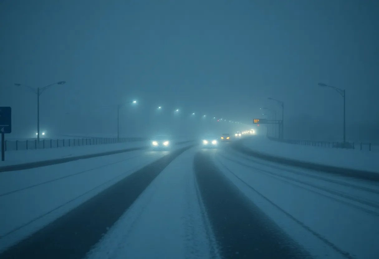 Heavy snowfall on a highway during a snow squall in Southeast Michigan