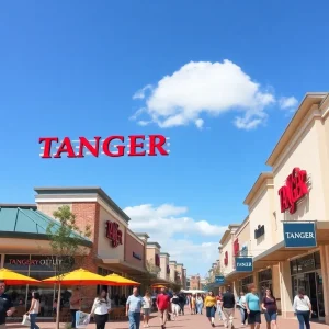 A busy Tanger Factory Outlet shopping center with shoppers and stores.