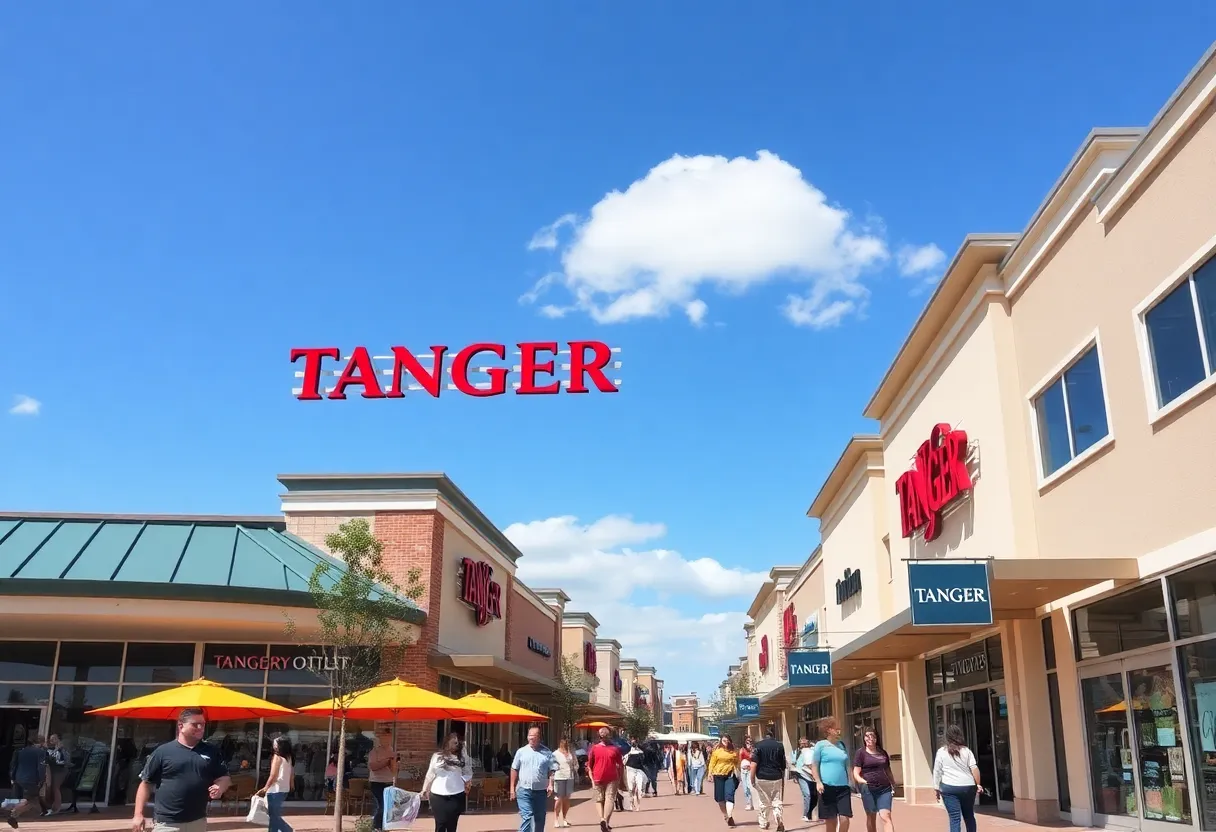 A busy Tanger Factory Outlet shopping center with shoppers and stores.