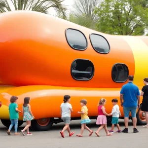 The Wienermobile parked at an event with people around