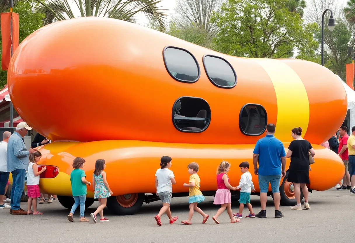 The Wienermobile parked at an event with people around