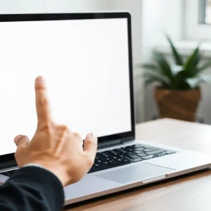 Open laptop with hand pointing to screen transparency concept.