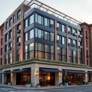 AC Hotel Detroit facade and rooftop view