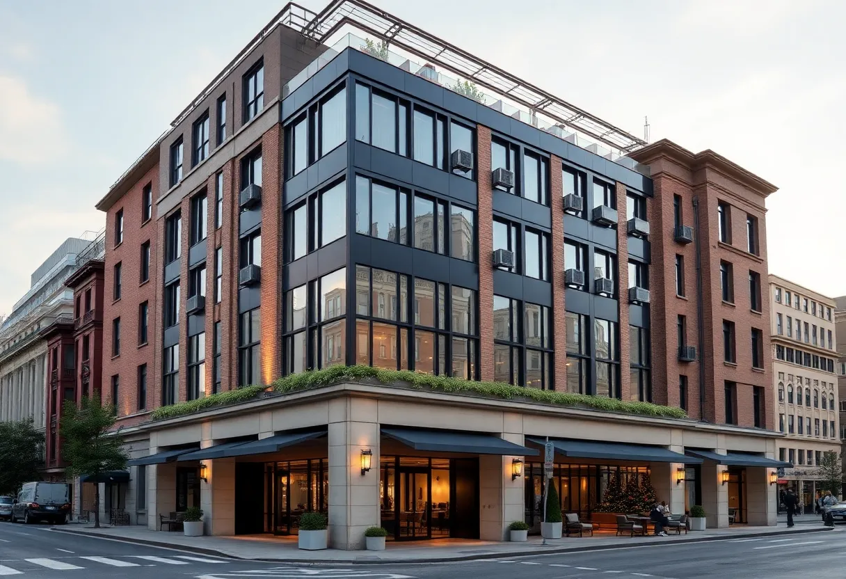 AC Hotel Detroit facade and rooftop view