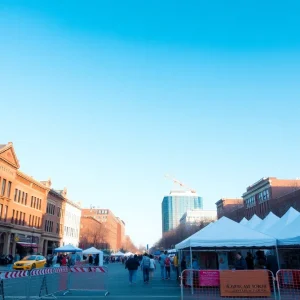 Construction barriers and art fair decor in Ann Arbor's streets