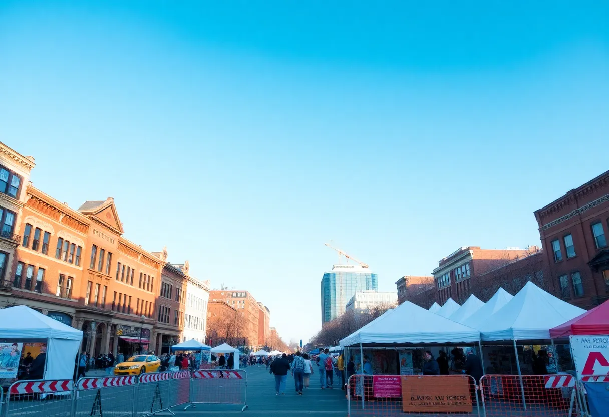 Construction barriers and art fair decor in Ann Arbor's streets