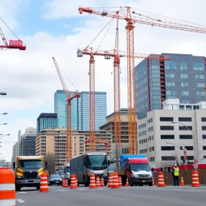 Construction site in Ann Arbor with workers and traffic signs