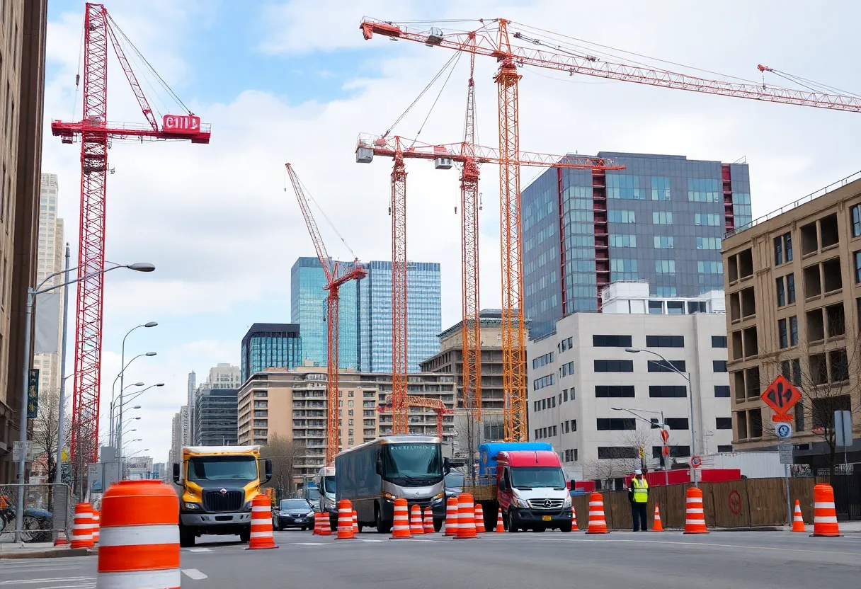 Construction site in Ann Arbor with workers and traffic signs