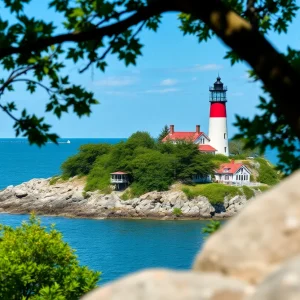 Renovated Beaver Head Lighthouse on Beaver Island surrounded by greenery.