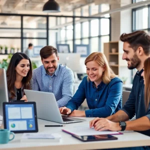 Team collaboration in digital marketing office during merger announcement