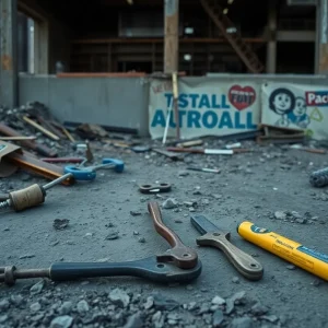 Construction workers at a site with a mysterious background