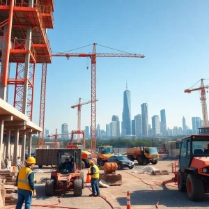 Busy construction site with workers and machinery