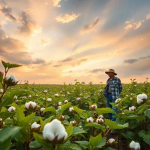 A cotton field with ripe cotton bolls and a cloudy sky indicating a turbulent market.