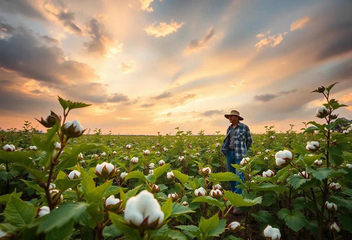 A cotton field with ripe cotton bolls and a cloudy sky indicating a turbulent market.