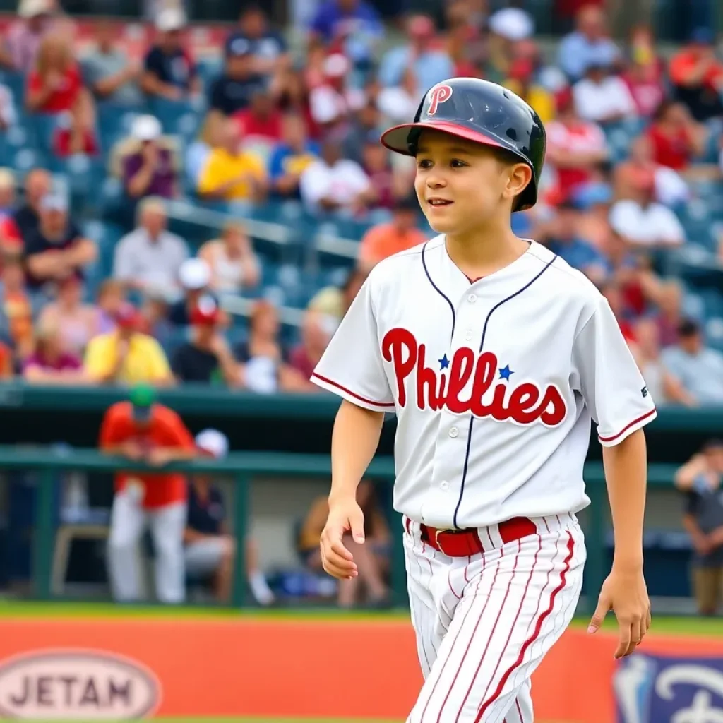 Young outfielder in a Phillies jersey on the baseball field