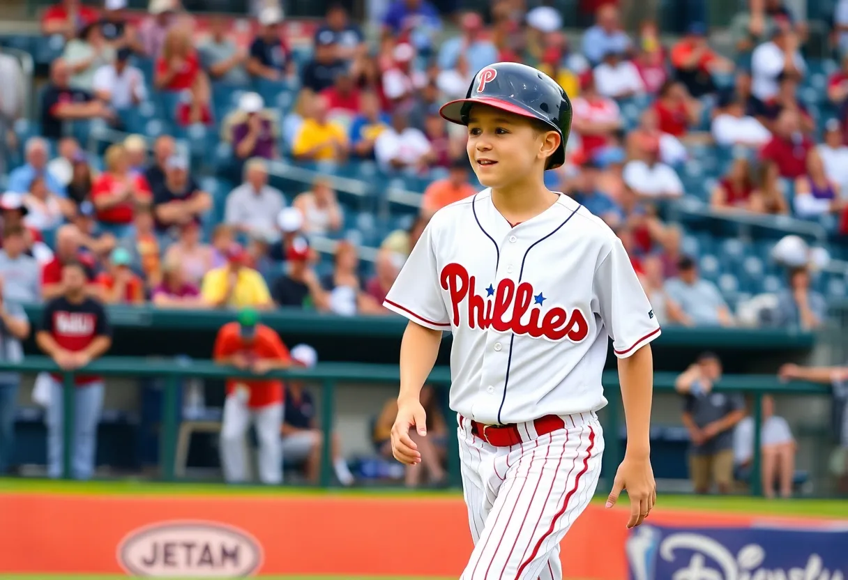 Young outfielder in a Phillies jersey on the baseball field