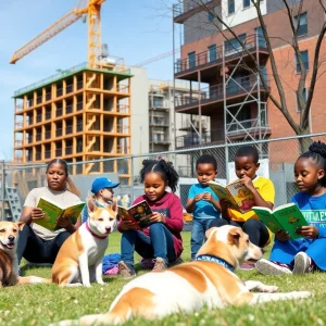 Community members involved in construction and literacy efforts in Detroit.