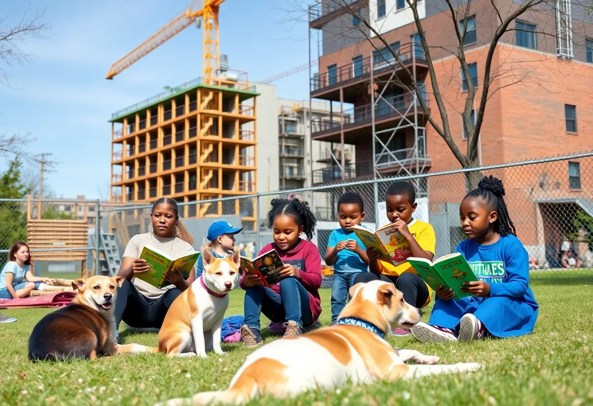 Community members involved in construction and literacy efforts in Detroit.