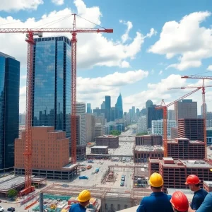 A view of Detroit showcasing modern buildings and construction activities.