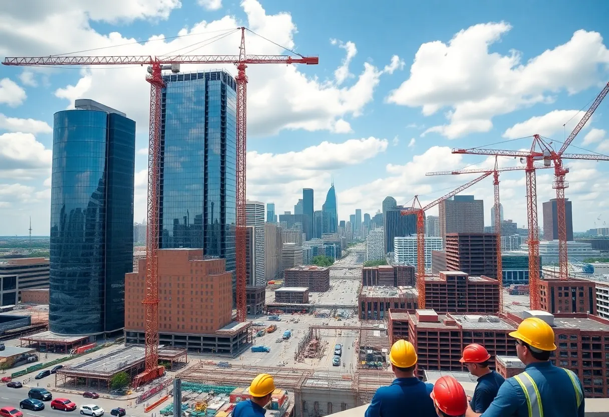 A view of Detroit showcasing modern buildings and construction activities.