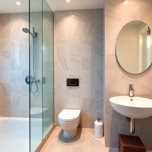 Renovated bathroom with modern fixtures and decor