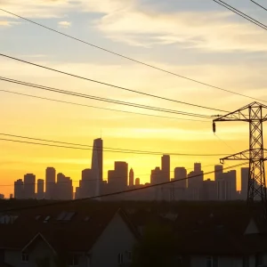 Modern skyline with power lines showcasing energy increase impact