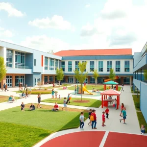 Exterior view of renovated Flint Community Schools with children playing